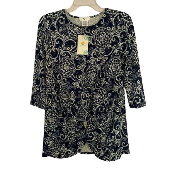 AJ Amelia James Navy White Floral Gathered Front Blouse - Picture 5 of 5